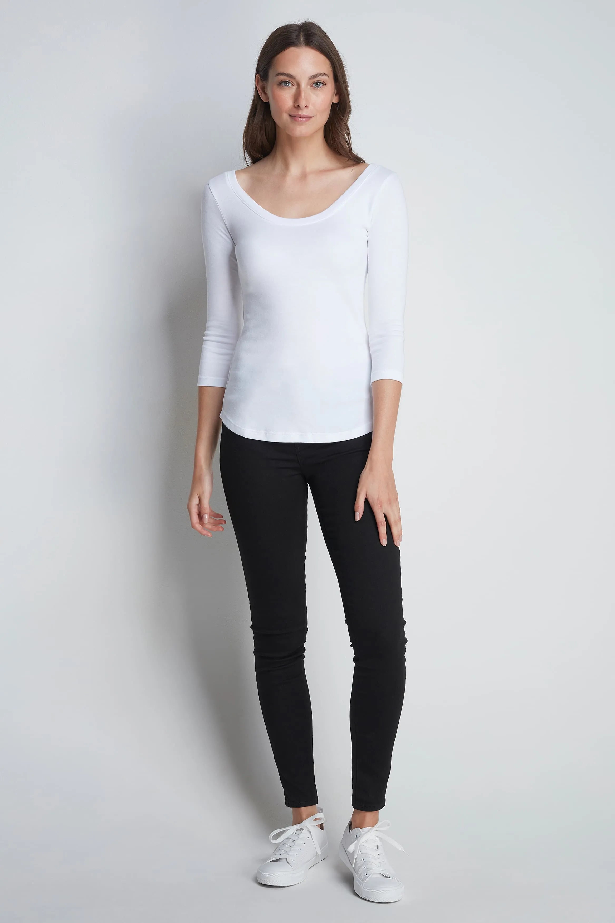 Women’s white cotton modal 3/4 sleeve boat neck T-shirt by Lavender Hill Clothing