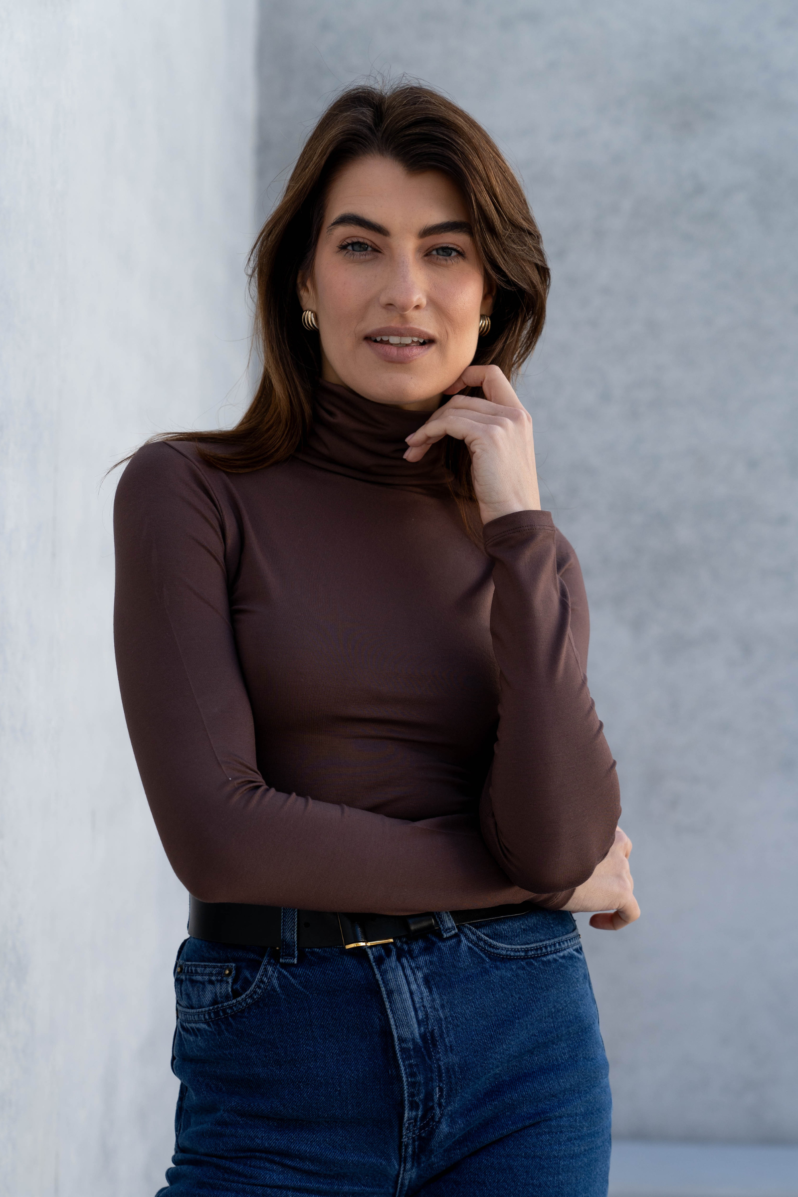 Women’s chocolate brown micro modal roll neck top by Lavender Hill Clothing
