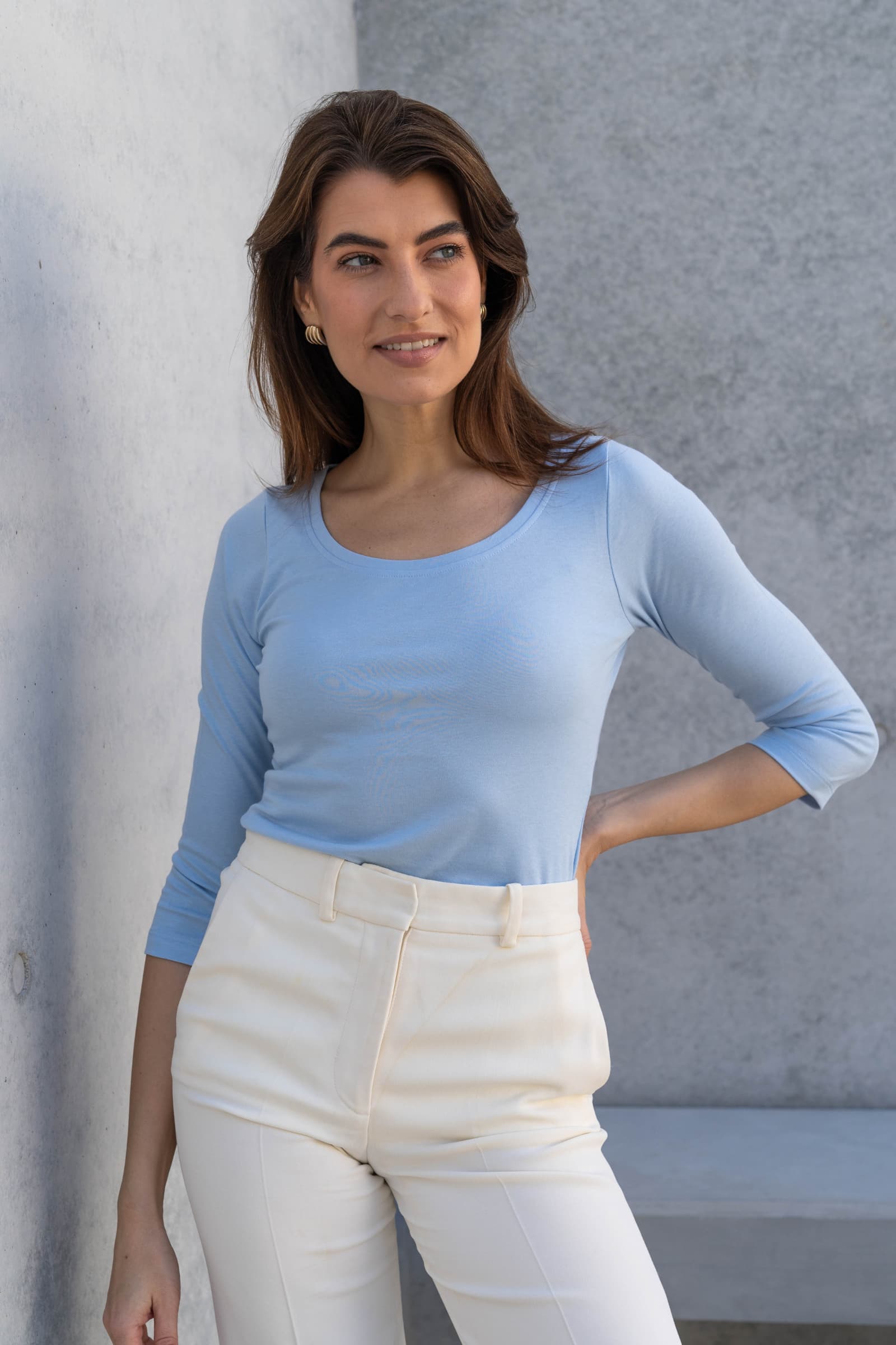 Women’s light blue cotton modal 3/4 sleeve scoop neck T-shirt by Lavender Hill Clothing