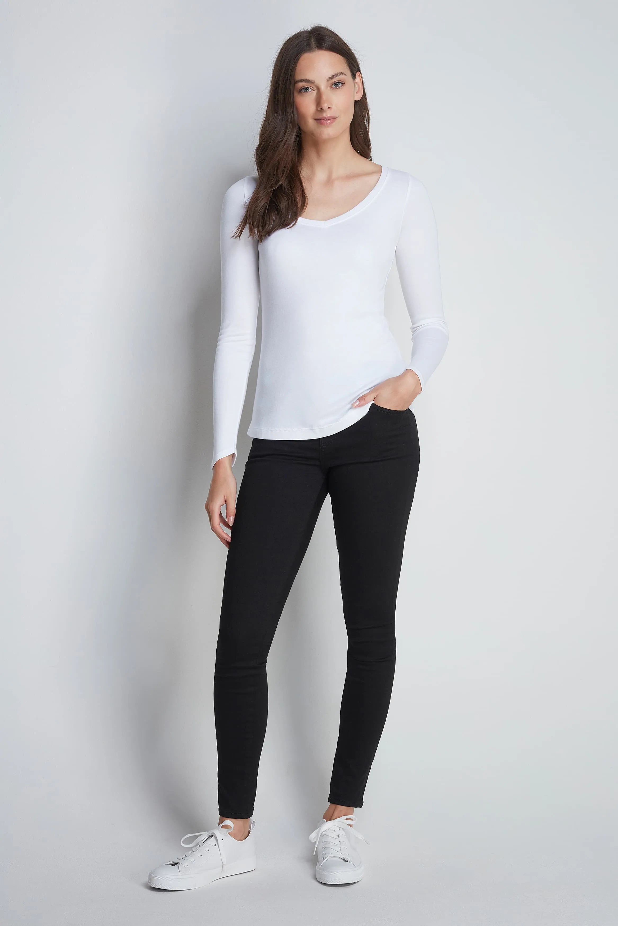 Women’s white cotton modal long sleeve V-neck layering top by Lavender Hill Clothing