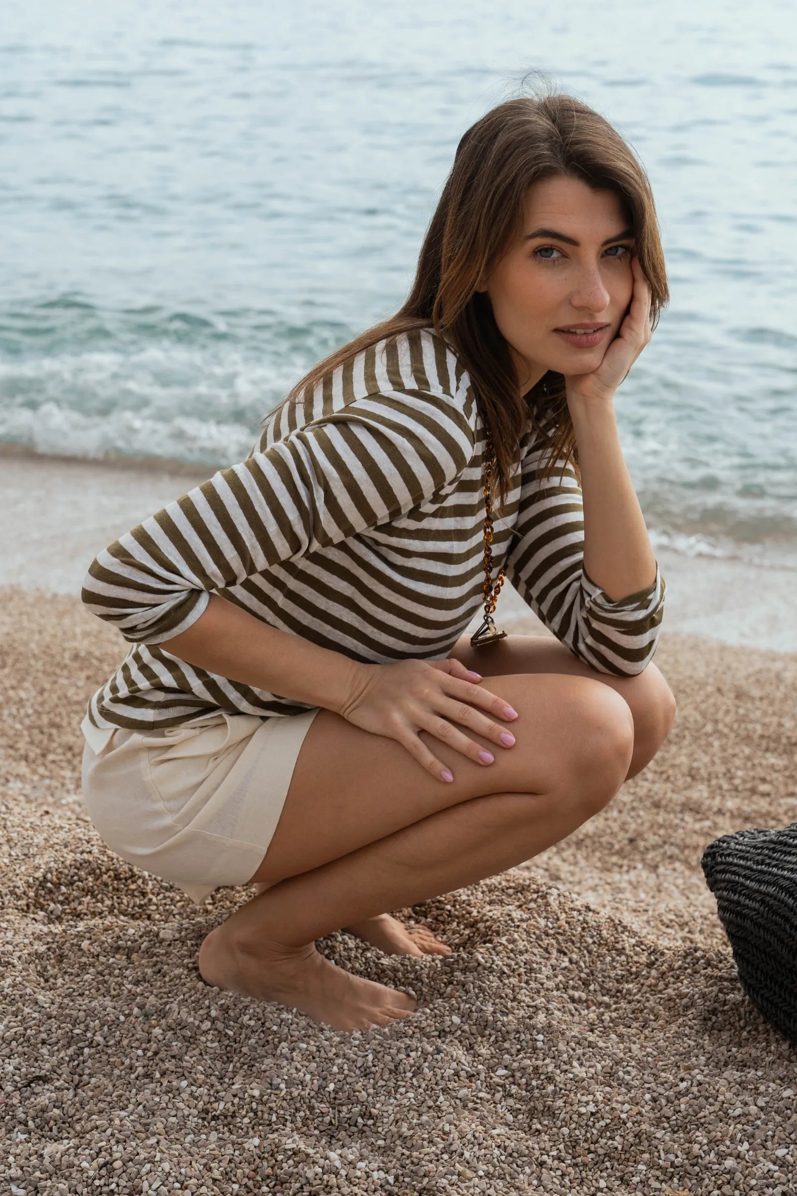 Womens olive white long sleeve striped linen t-shirt