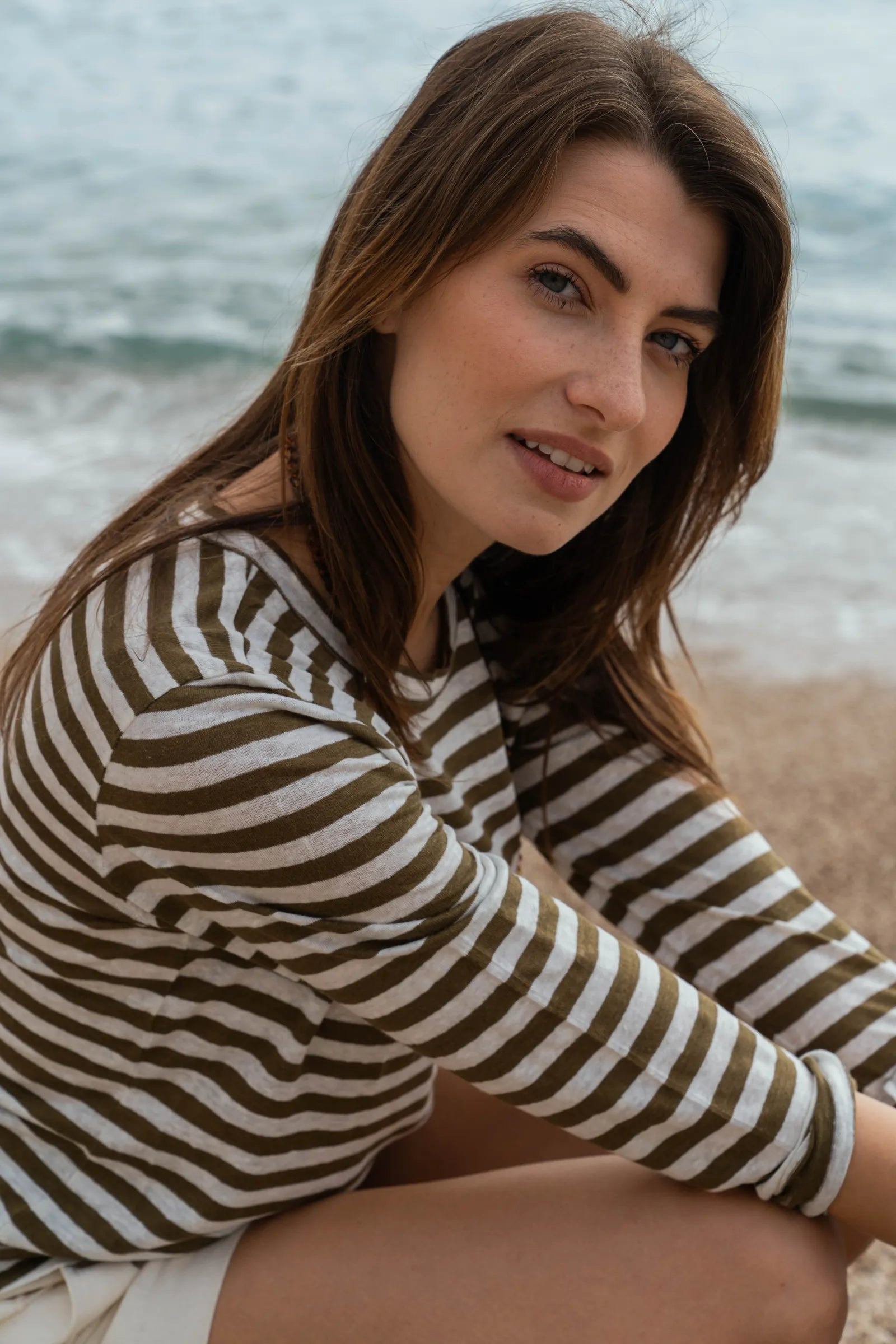Womens olive white long sleeve striped linen t-shirt