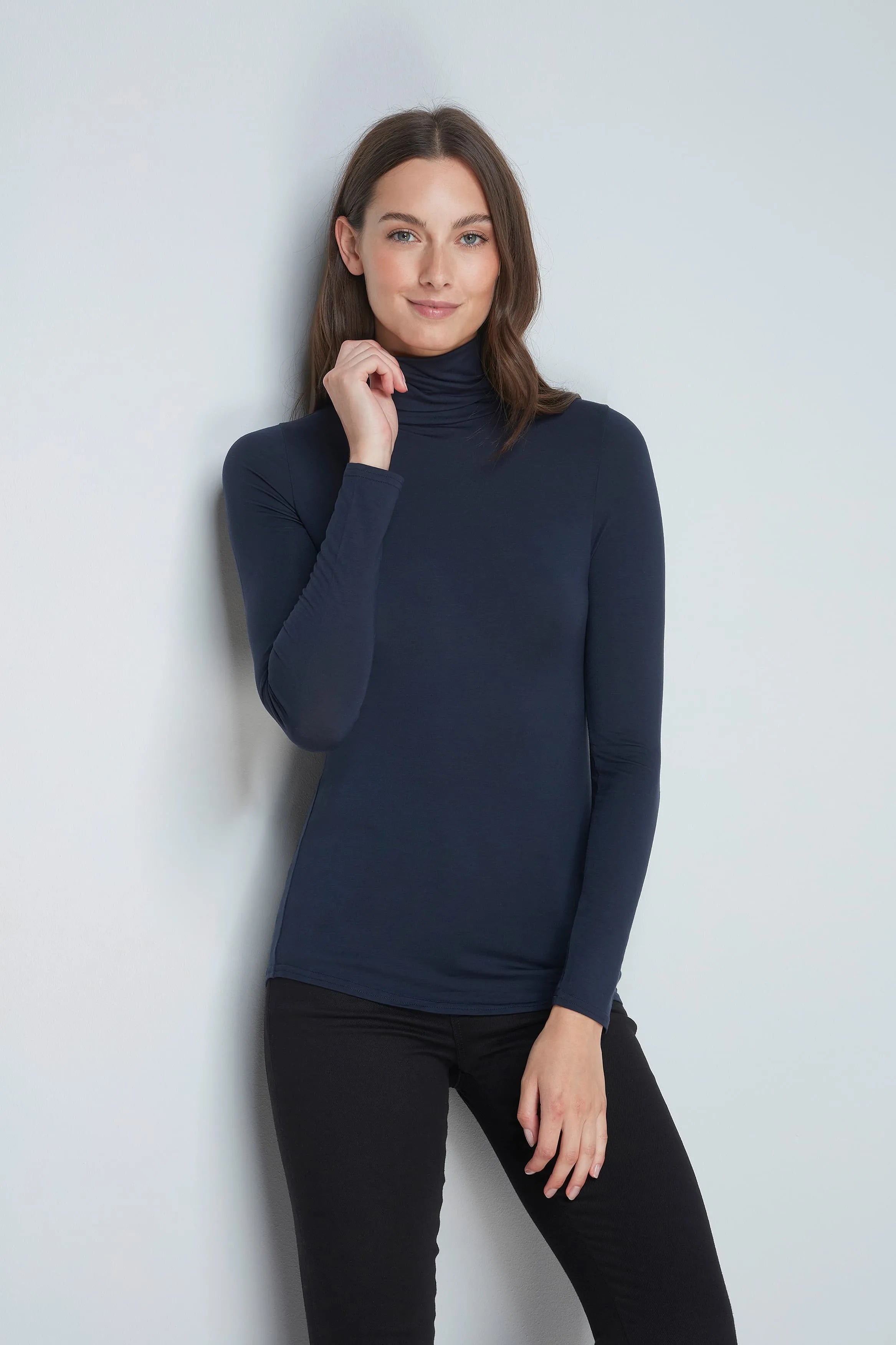 Women’s navy micro modal roll neck top by Lavender Hill Clothing