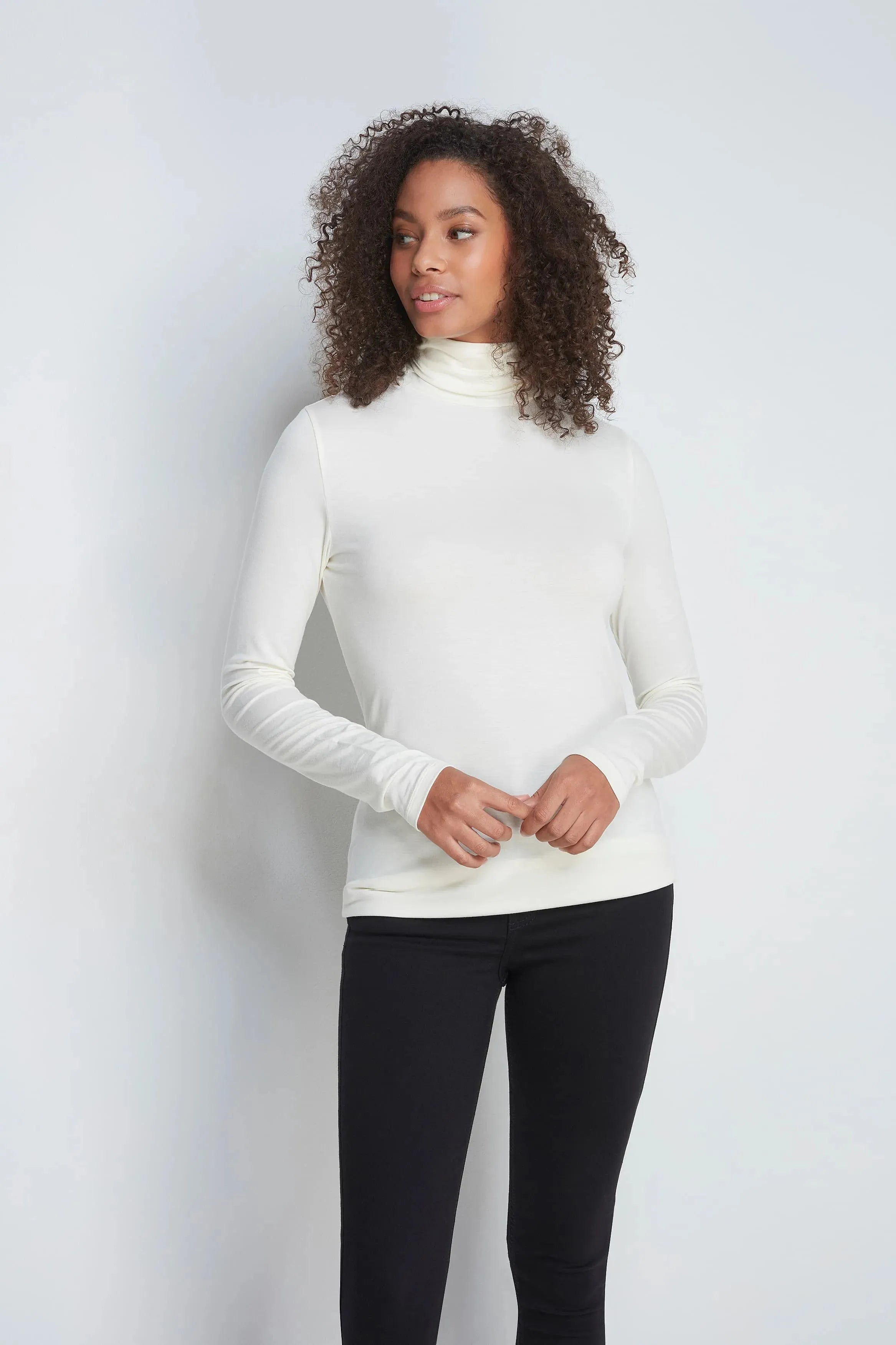 Women’s cream micro modal roll neck top by Lavender Hill Clothing