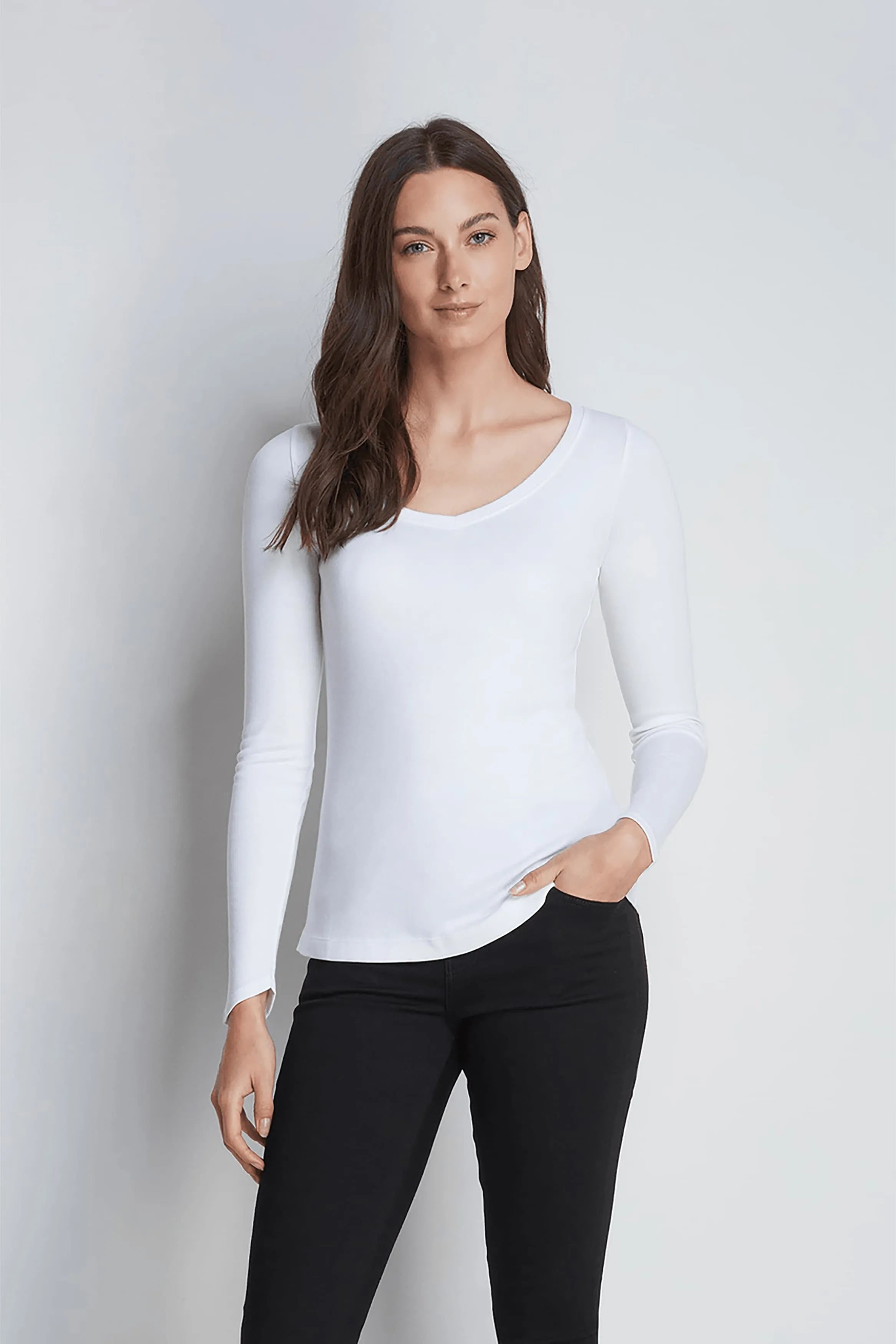 Women’s white cotton modal long sleeve V-neck layering top by Lavender Hill Clothing