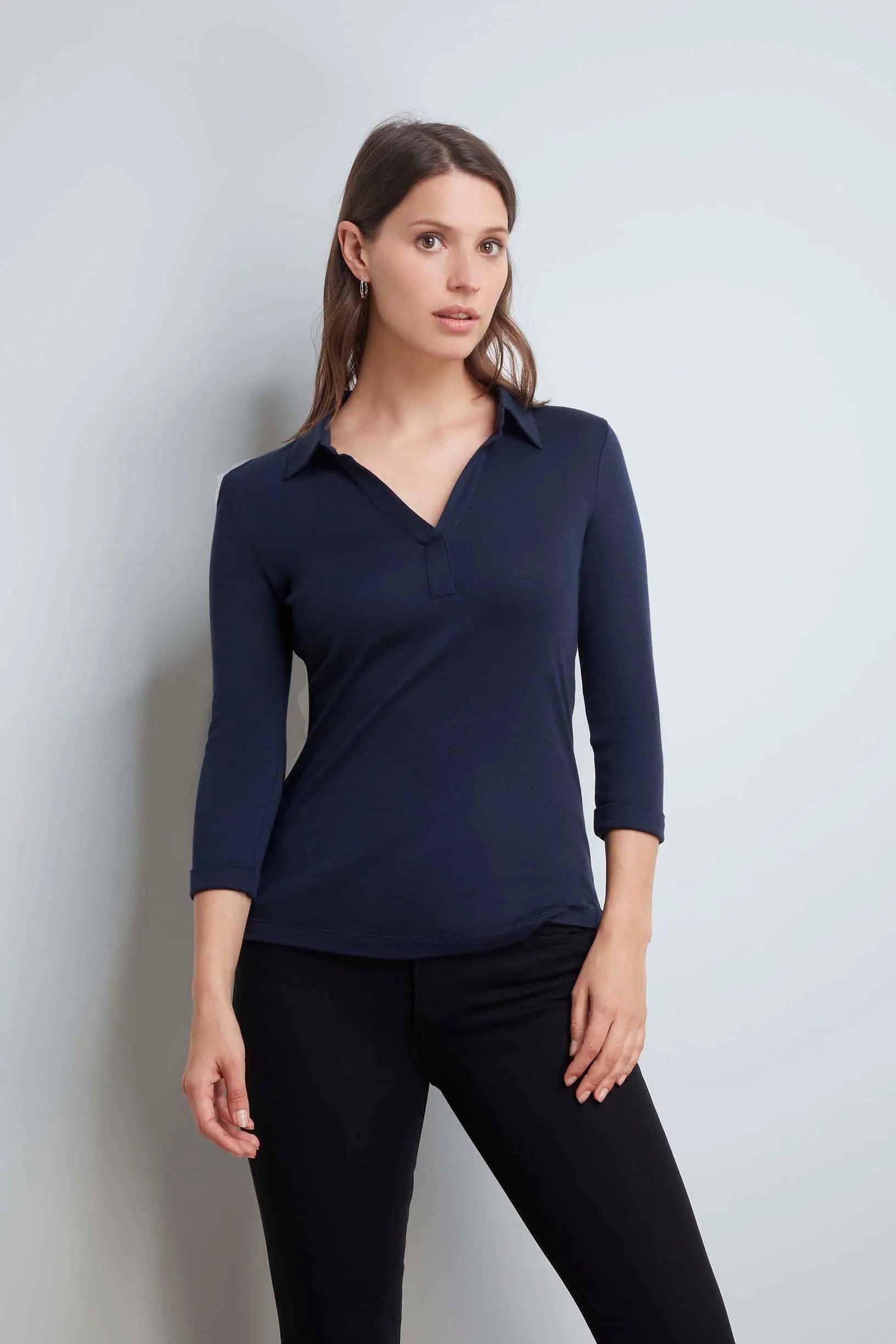 Womens Navy 3/4 Sleeve Collared Cotton Modal Blend T-Shirt by Lavender Hill Clothing