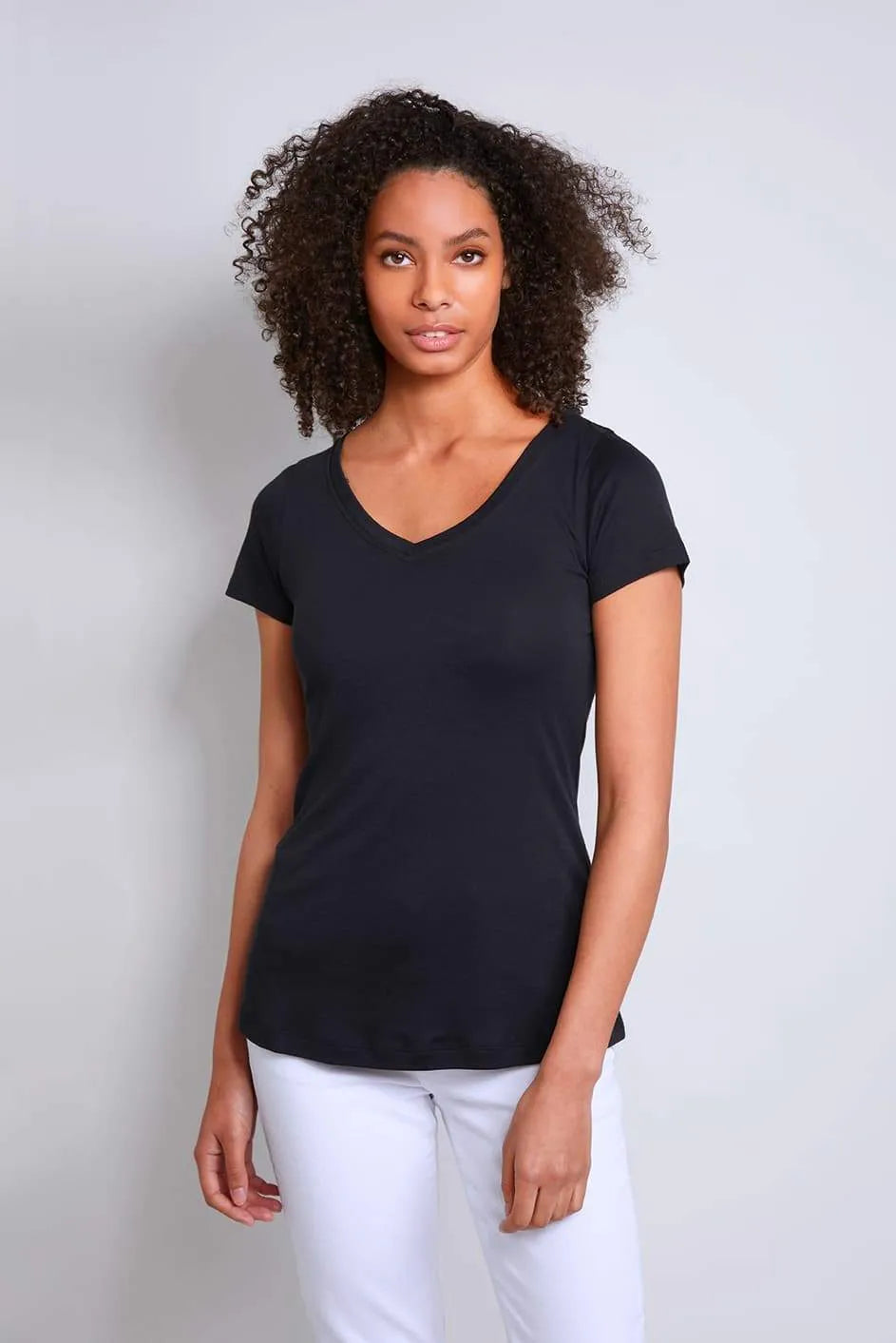 Women’s black cotton modal V-neck T-shirt by Lavender Hill Clothing