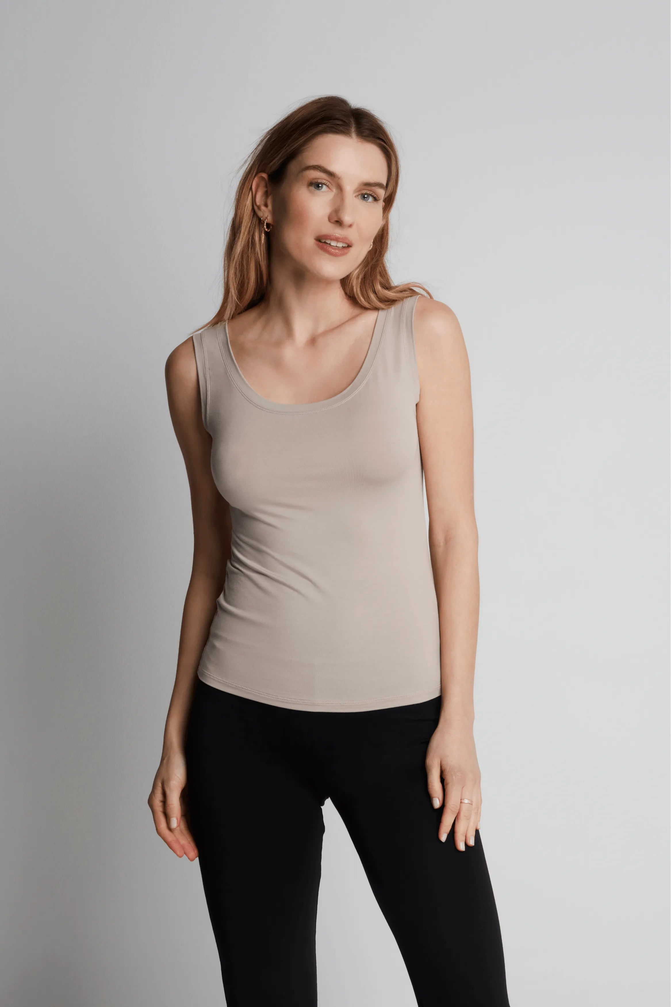 Women’s taupe cotton modal sleeveless vest top by Lavender Hill Clothing