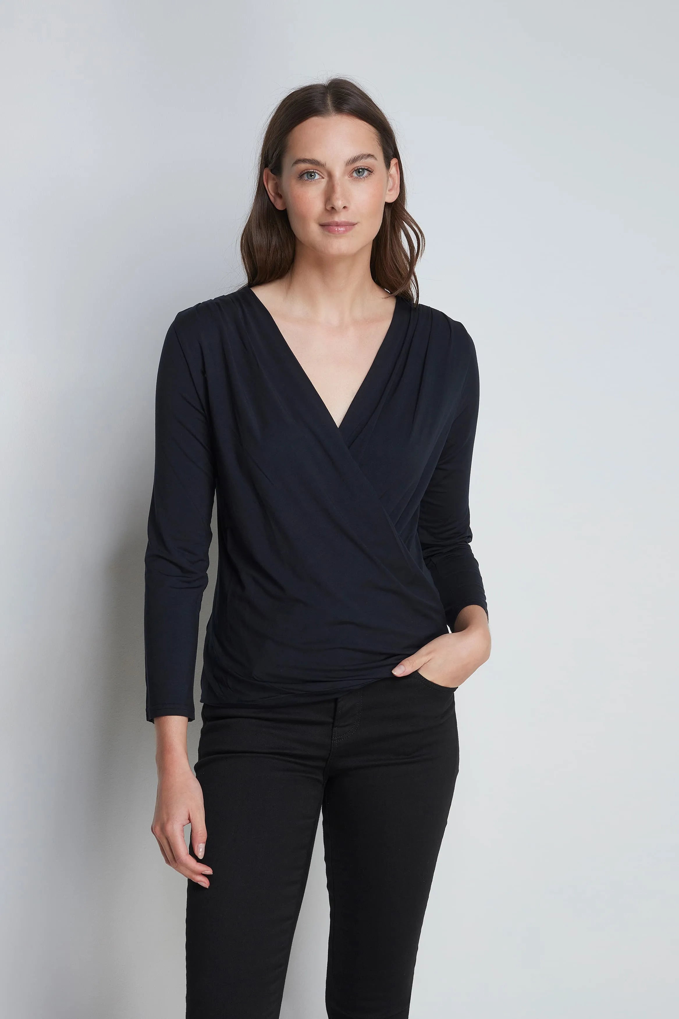 Women’s black modal wrap top by Lavender Hill Clothing