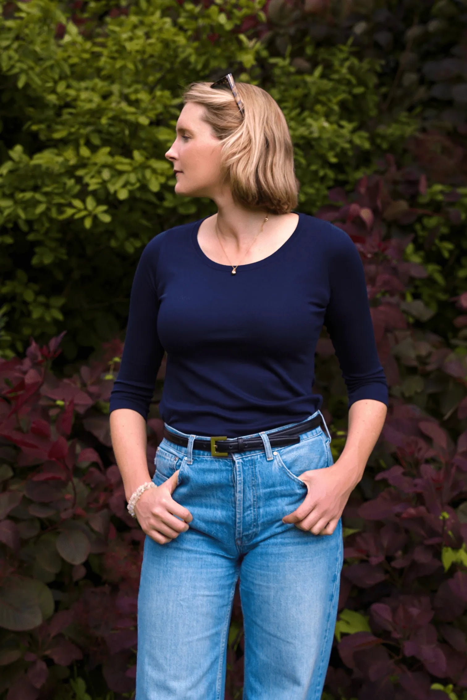 Women’s navy cotton modal 3/4 sleeve scoop neck T-shirt by Lavender Hill Clothing