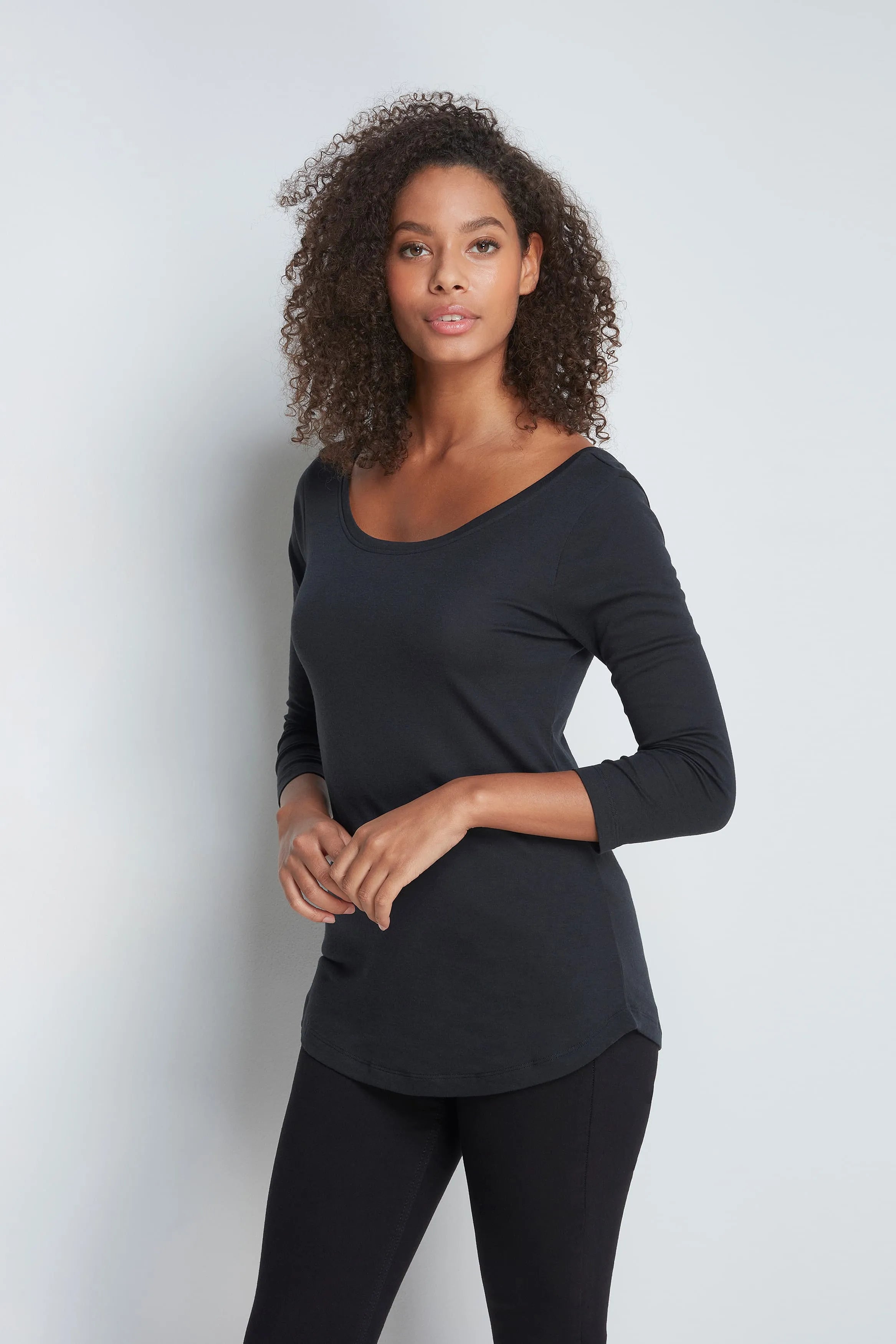 Women’s black cotton modal 3/4 sleeve boat neck T-shirt by Lavender Hill Clothing