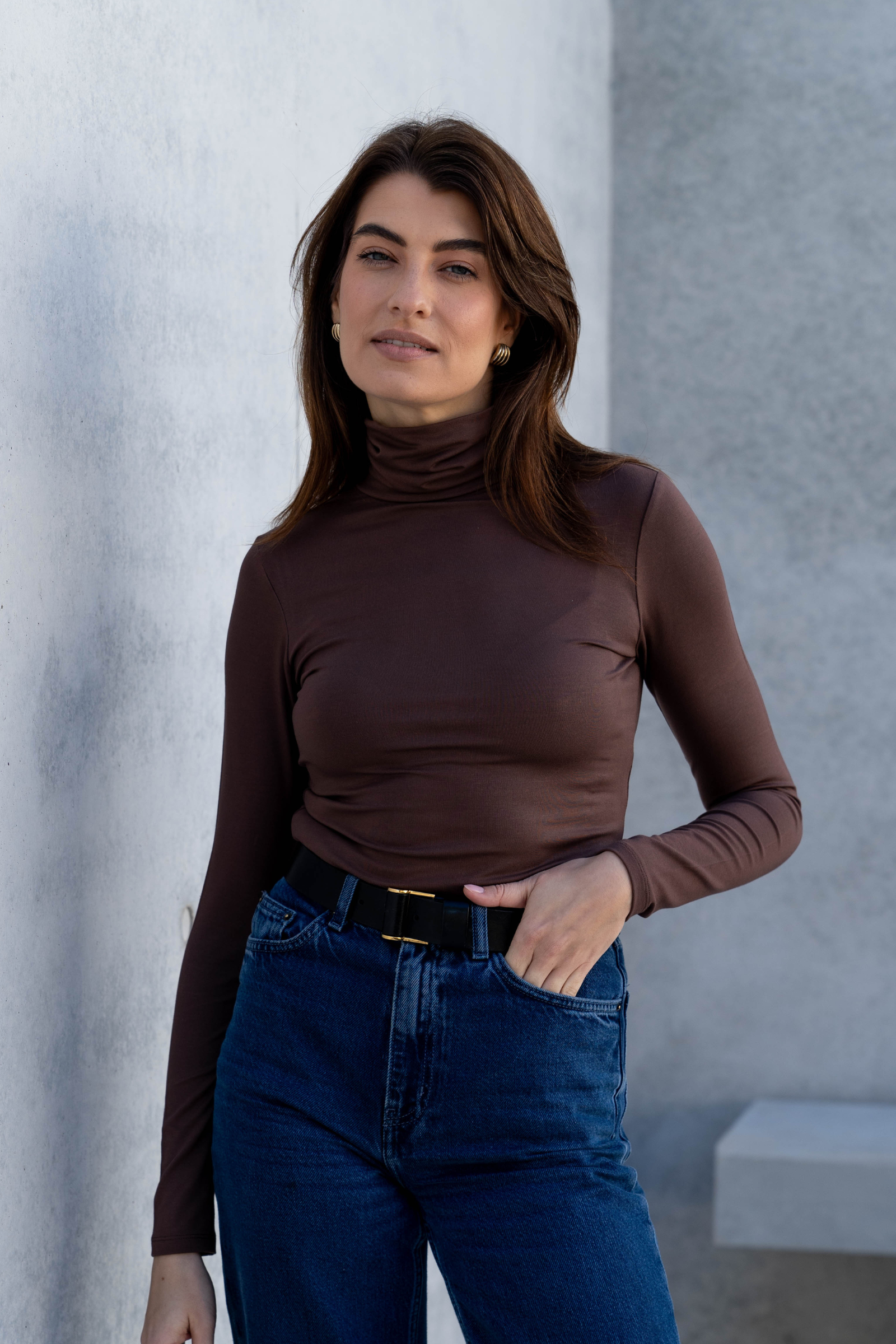 Women’s soft micro modal roll neck top styled for layering by Lavender Hill Clothing