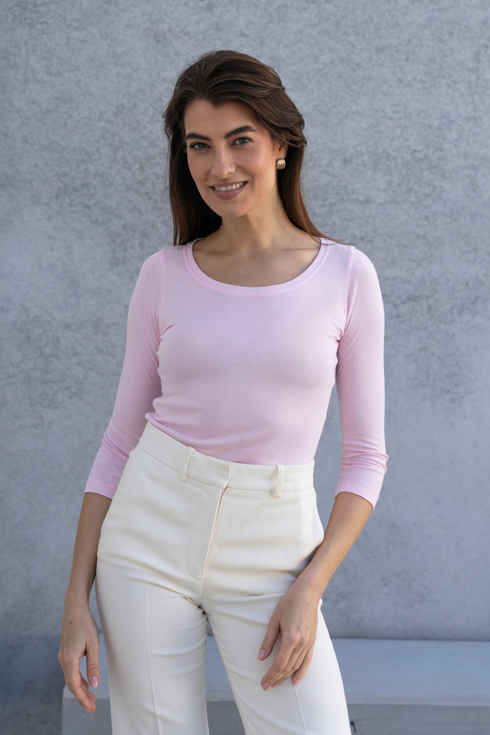 Women’s light pink cotton modal 3/4 sleeve scoop neck T-shirt by Lavender Hill Clothing