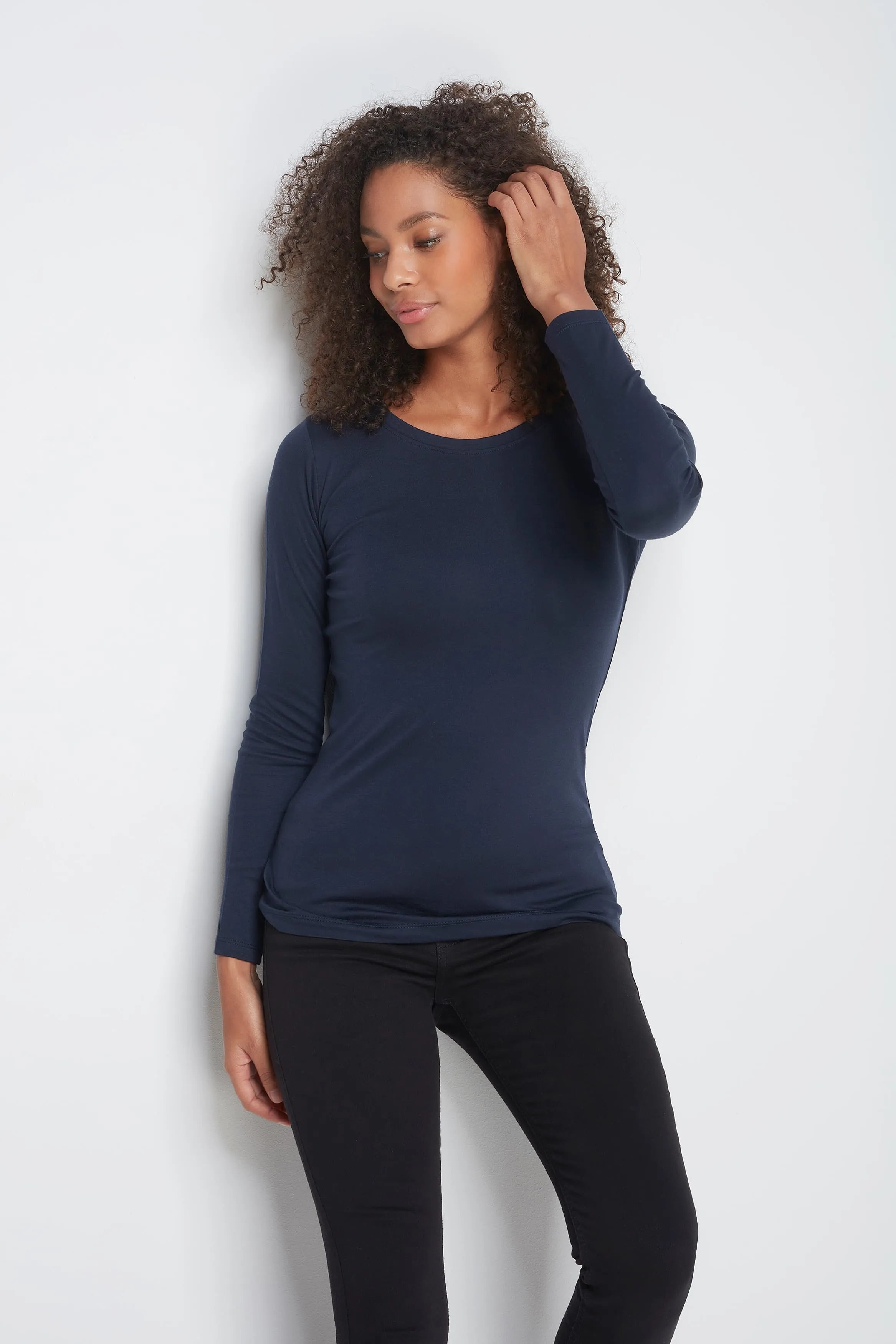 Women’s navy cotton modal long sleeve crew neck T-shirt by Lavender Hill Clothing