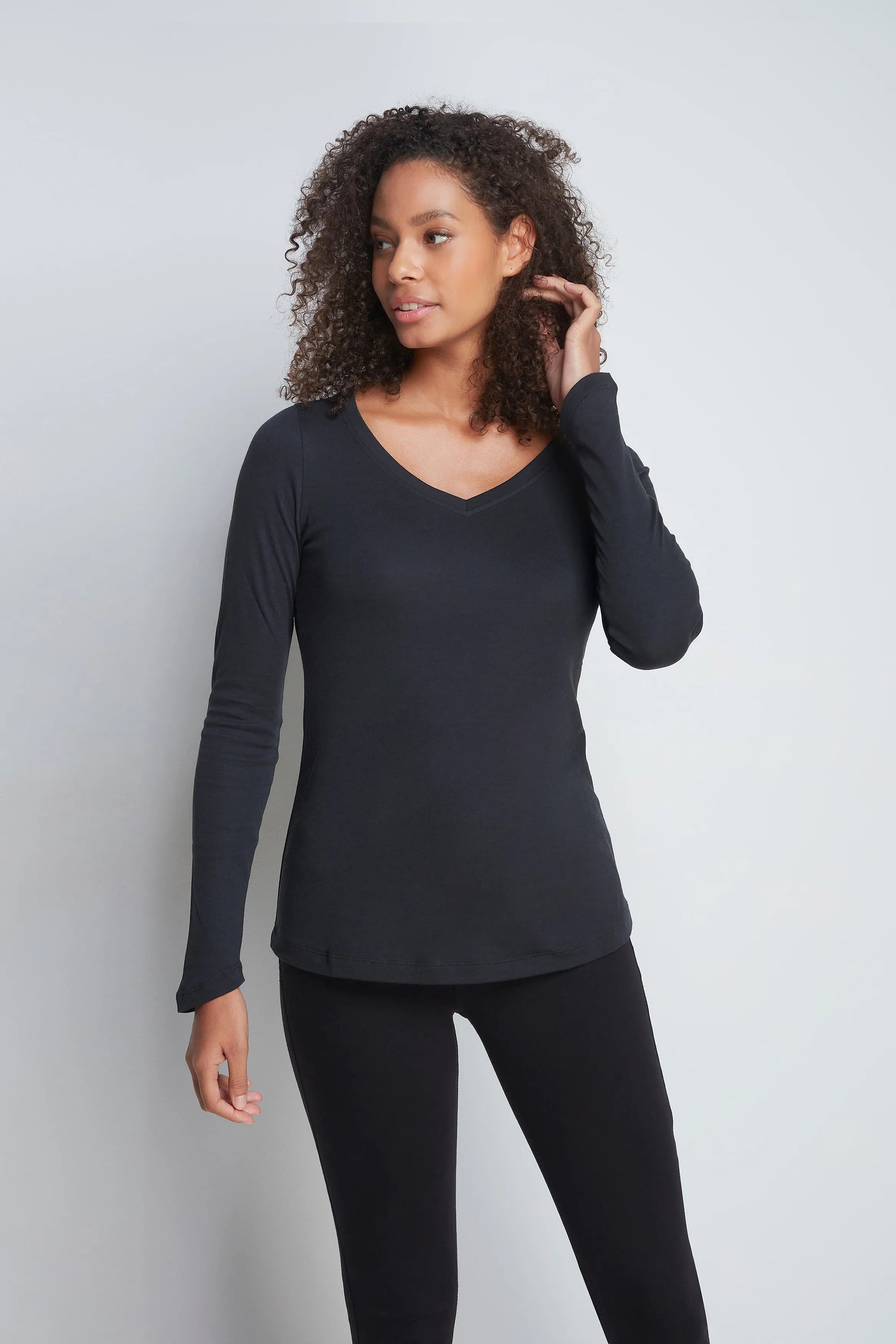 Women’s black cotton modal long sleeve V-neck layering top by Lavender Hill Clothing