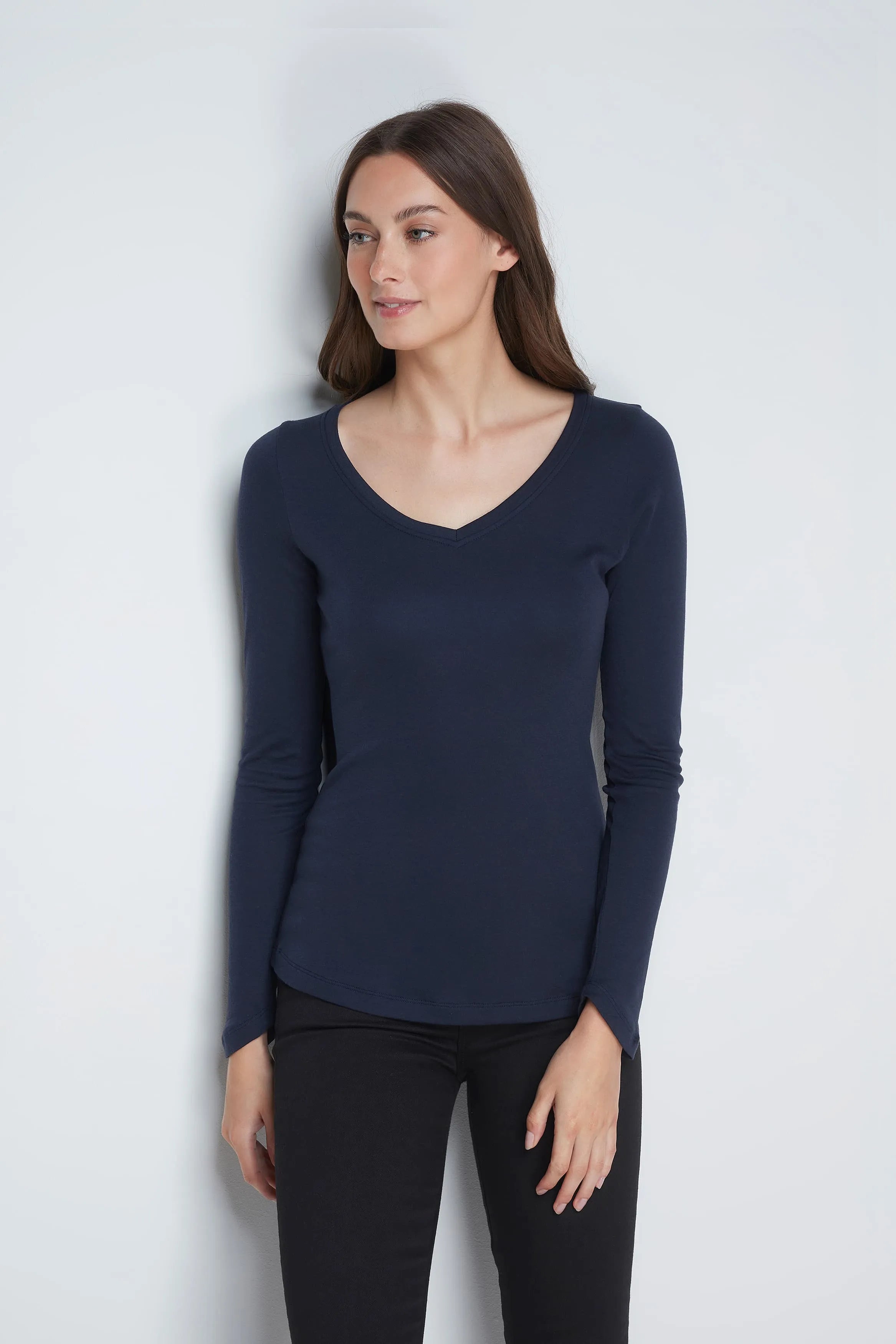 Women’s navy cotton modal long sleeve V-neck layering top by Lavender Hill Clothing