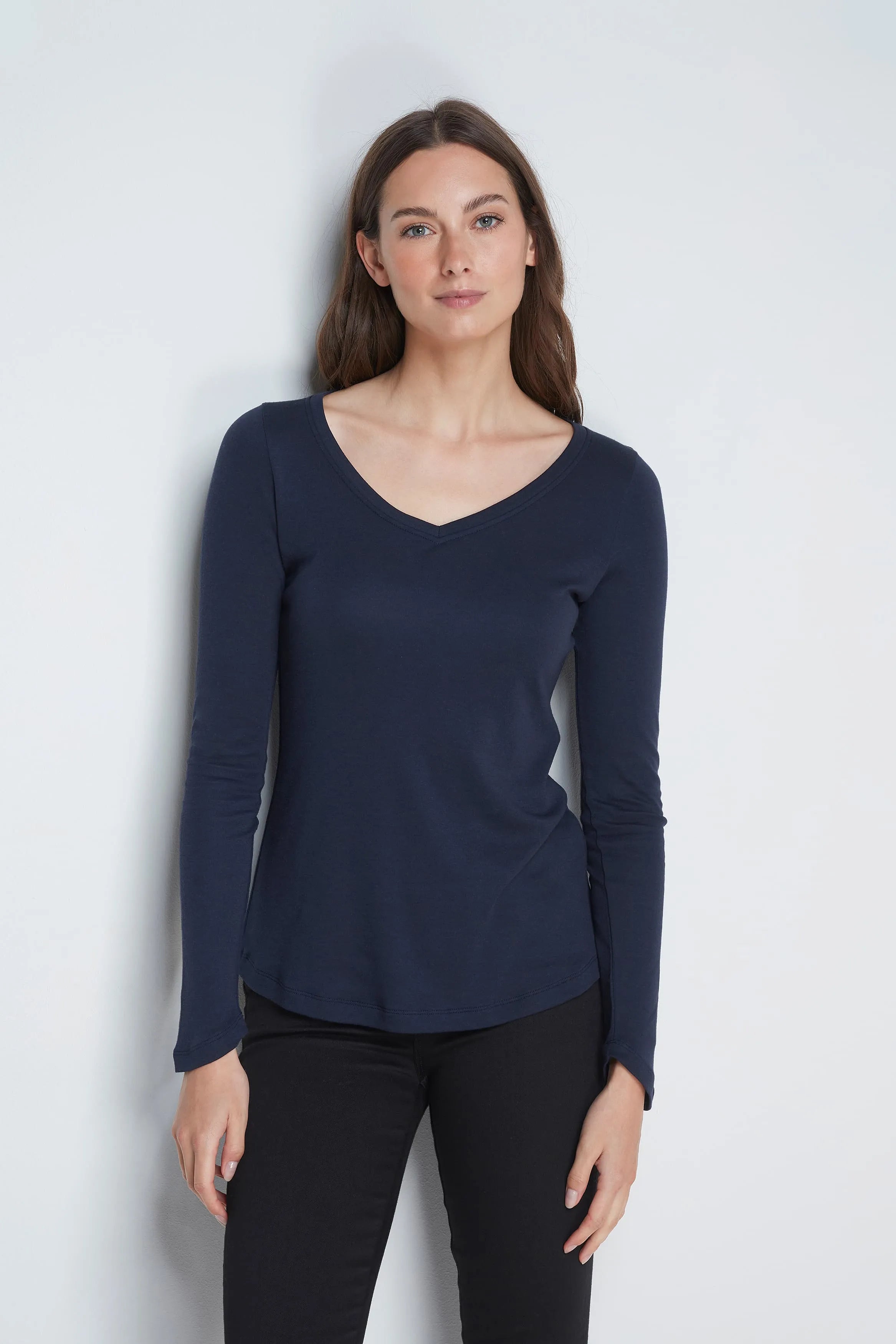 Women’s navy cotton modal long sleeve V-neck layering top by Lavender Hill Clothing
