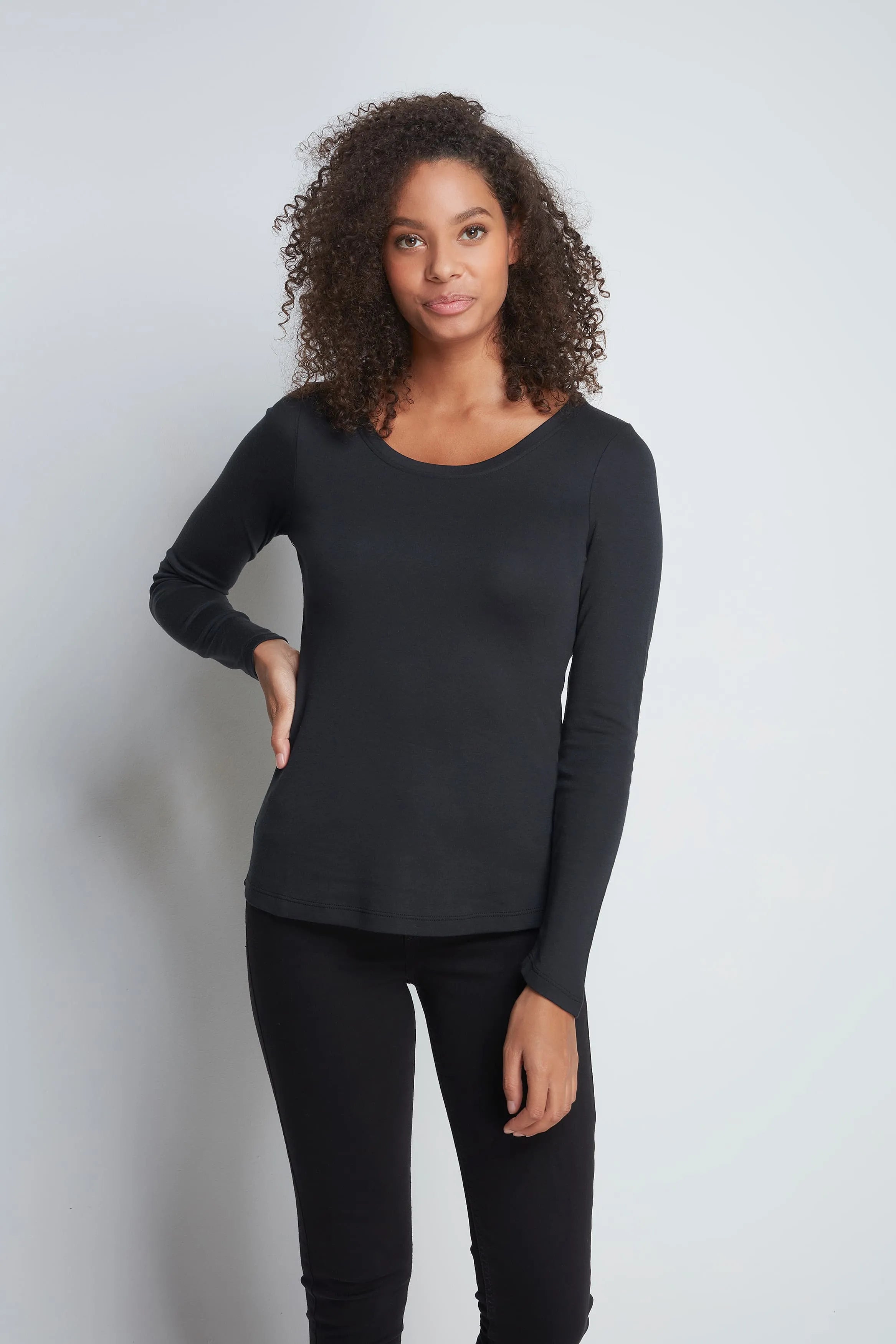 Women’s black cotton modal long sleeve scoop neck T-shirt by Lavender Hill Clothing