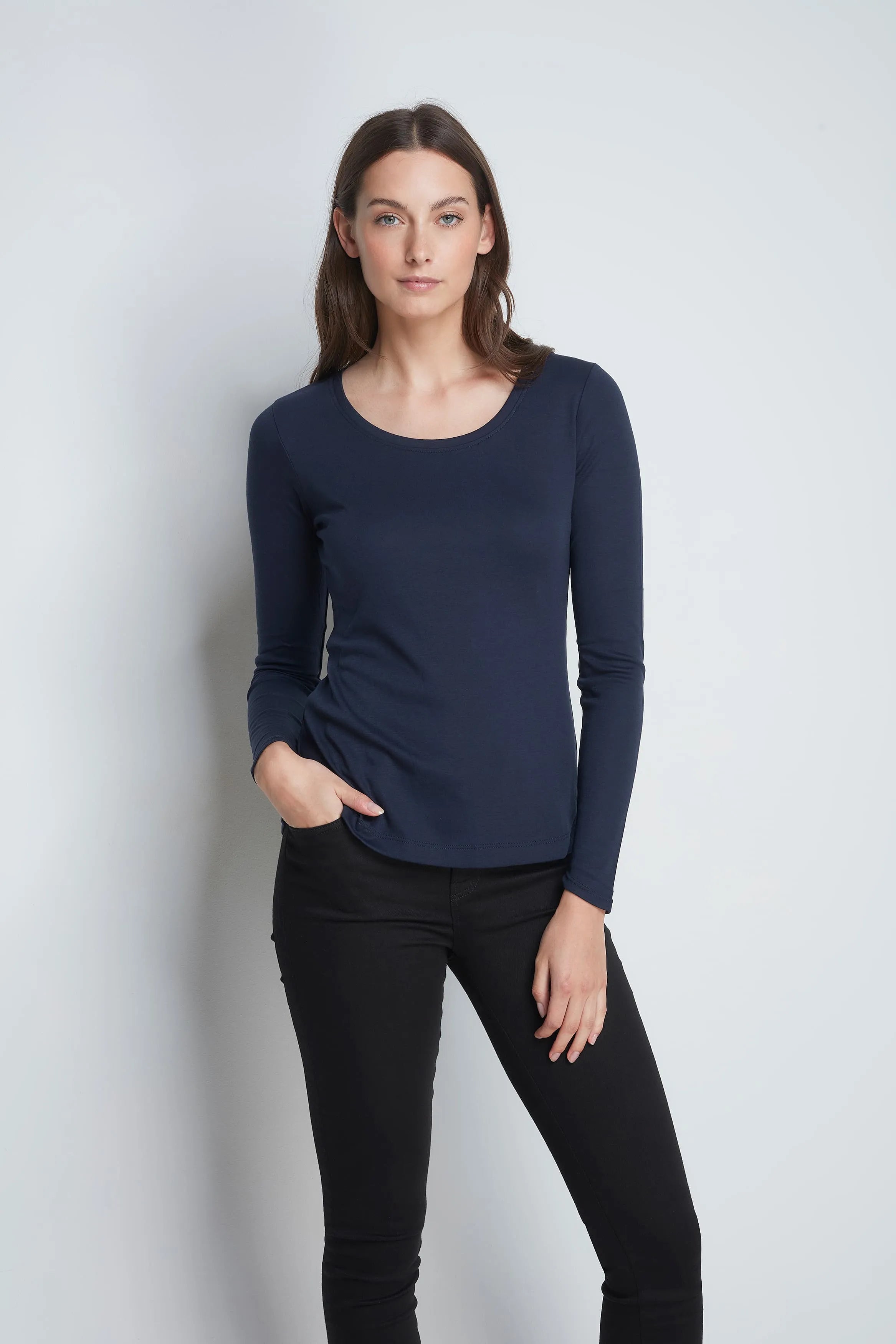 Women’s navy cotton modal long sleeve scoop neck T-shirt by Lavender Hill Clothing