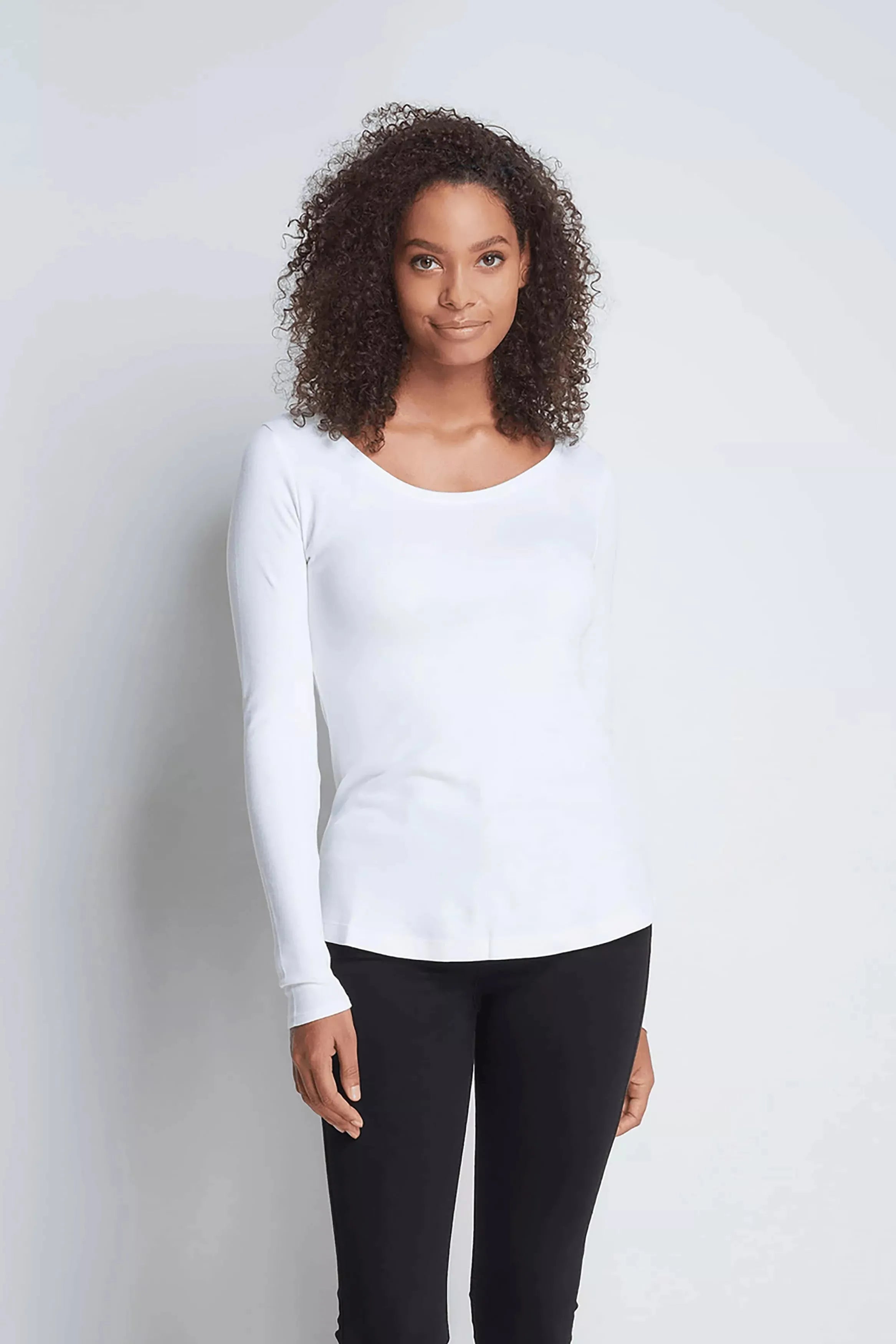 Women’s white cotton modal long sleeve scoop neck T-shirt by Lavender Hill Clothing