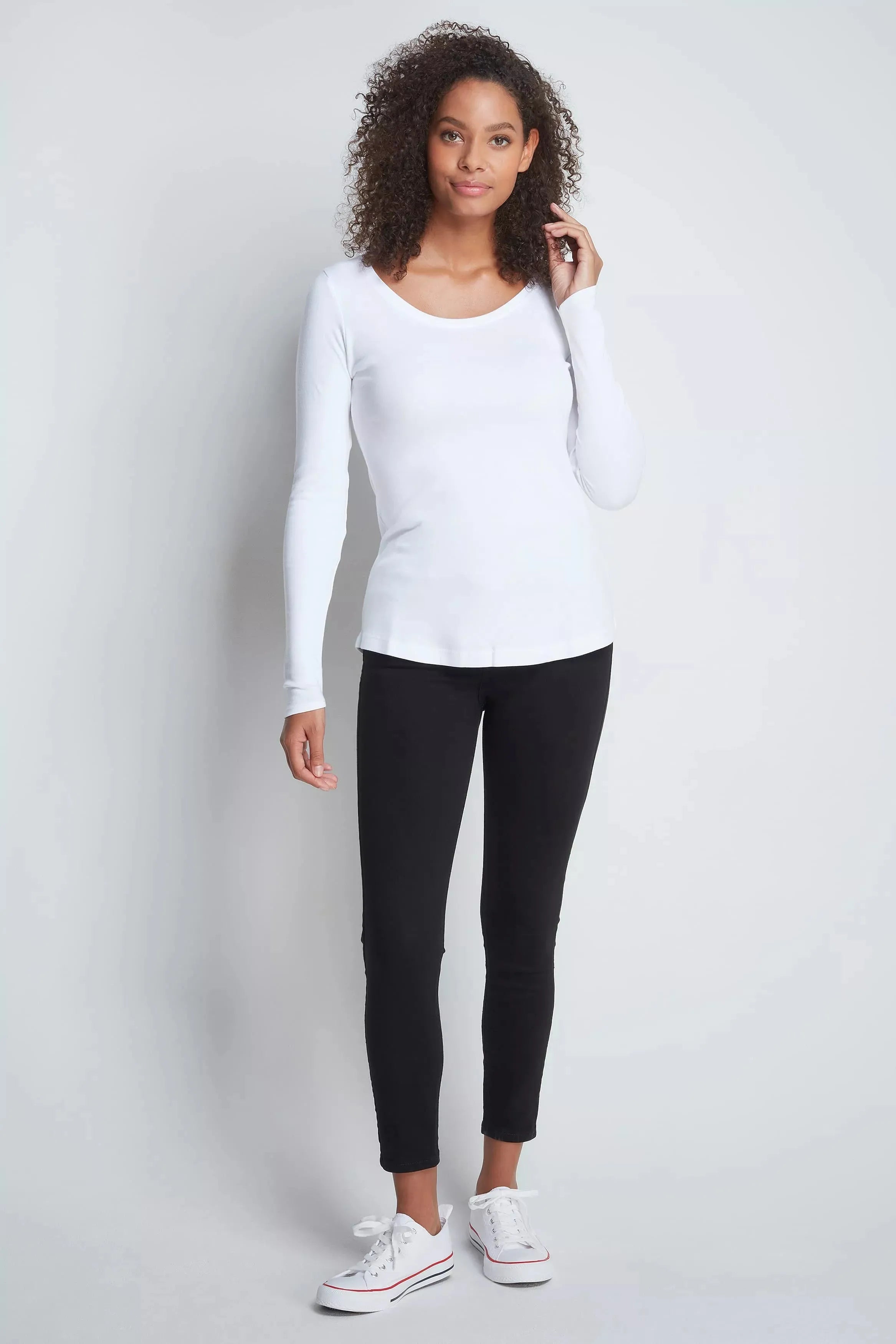 Women’s white cotton modal long sleeve scoop neck T-shirt by Lavender Hill Clothing