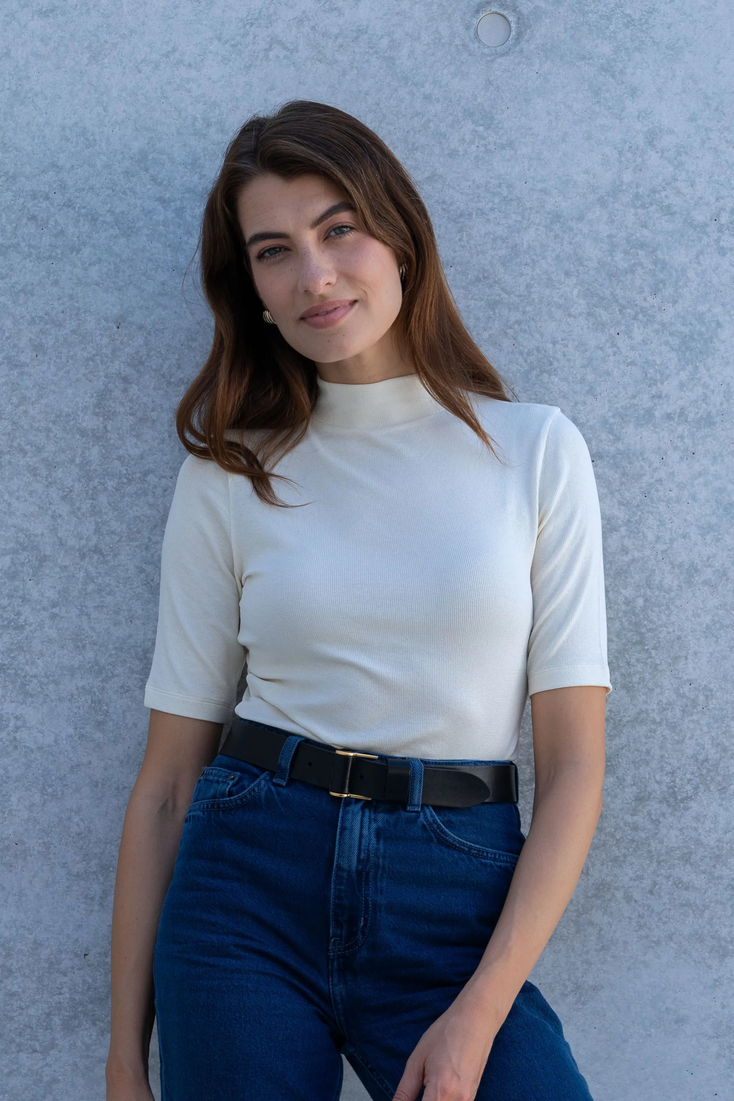 Quality womens second skin cream mid sleeve mock neck top
