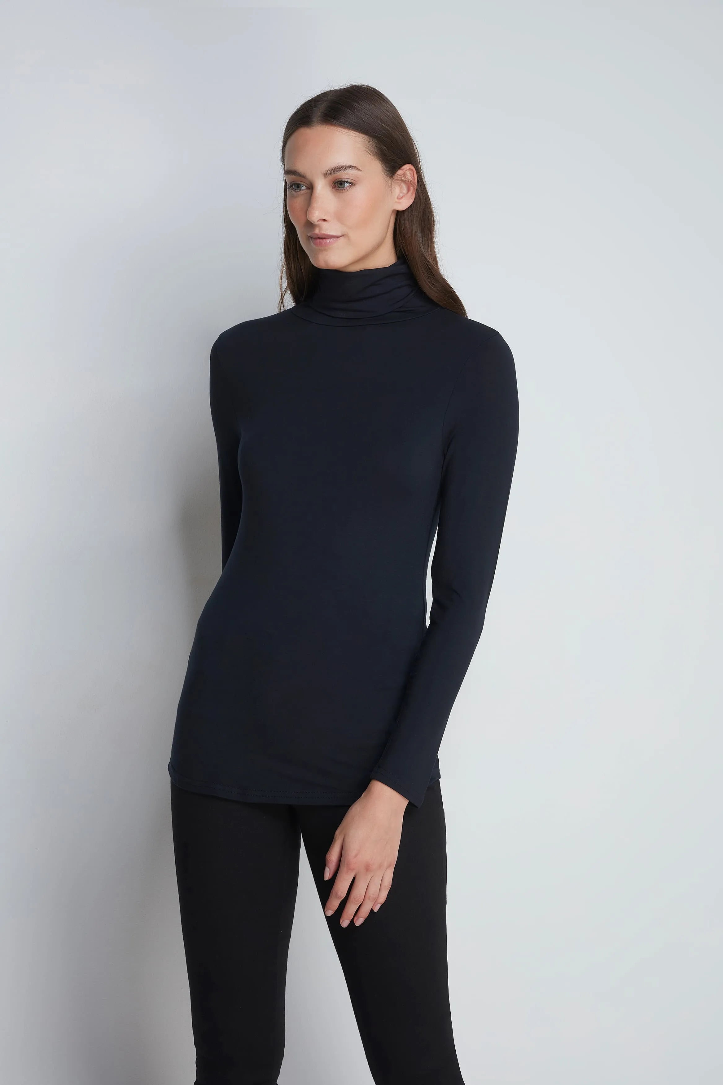 Women’s black micro modal roll neck top by Lavender Hill Clothing