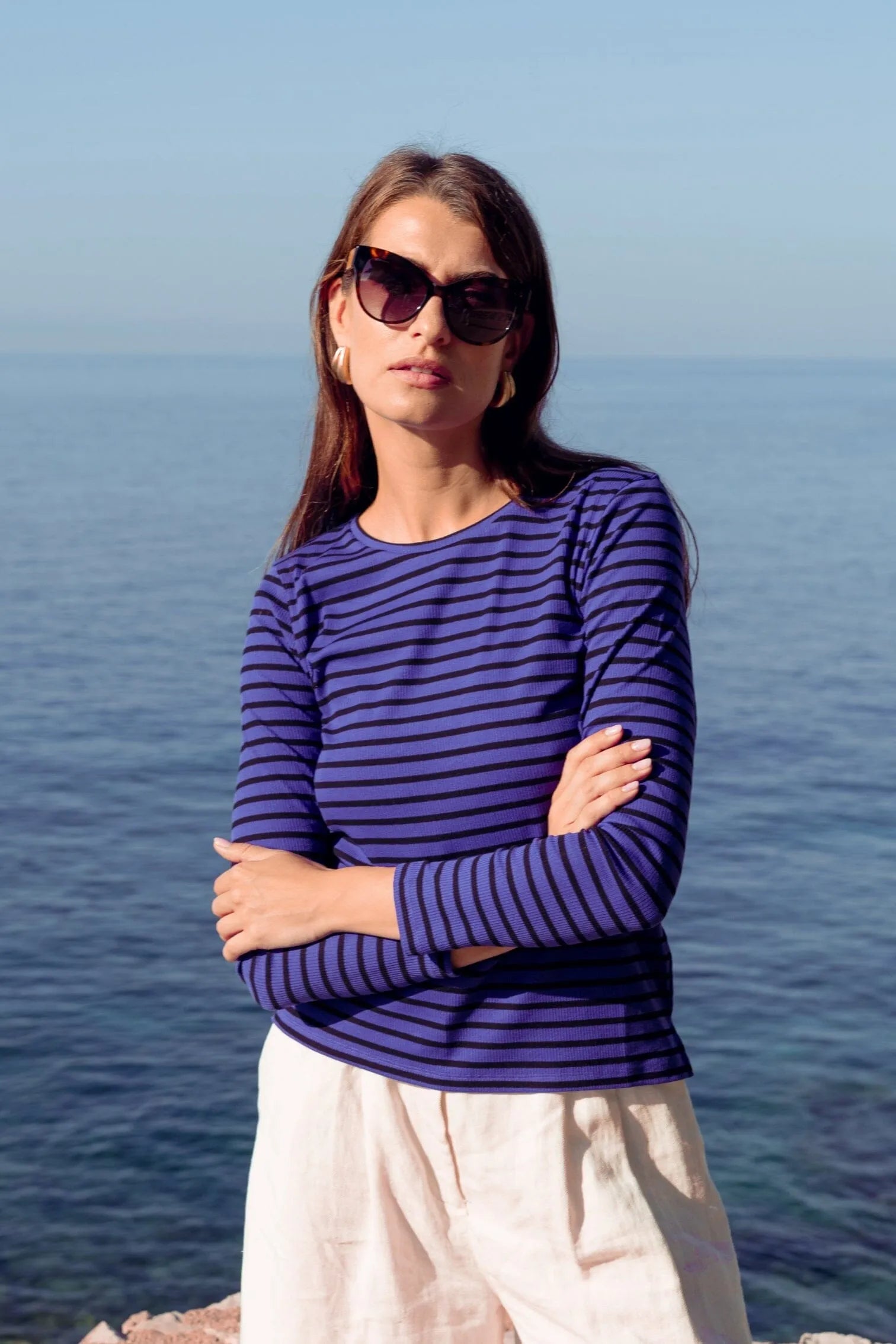 Women’s blue and black Breton striped long sleeve T-shirt by Lavender Hill Clothing