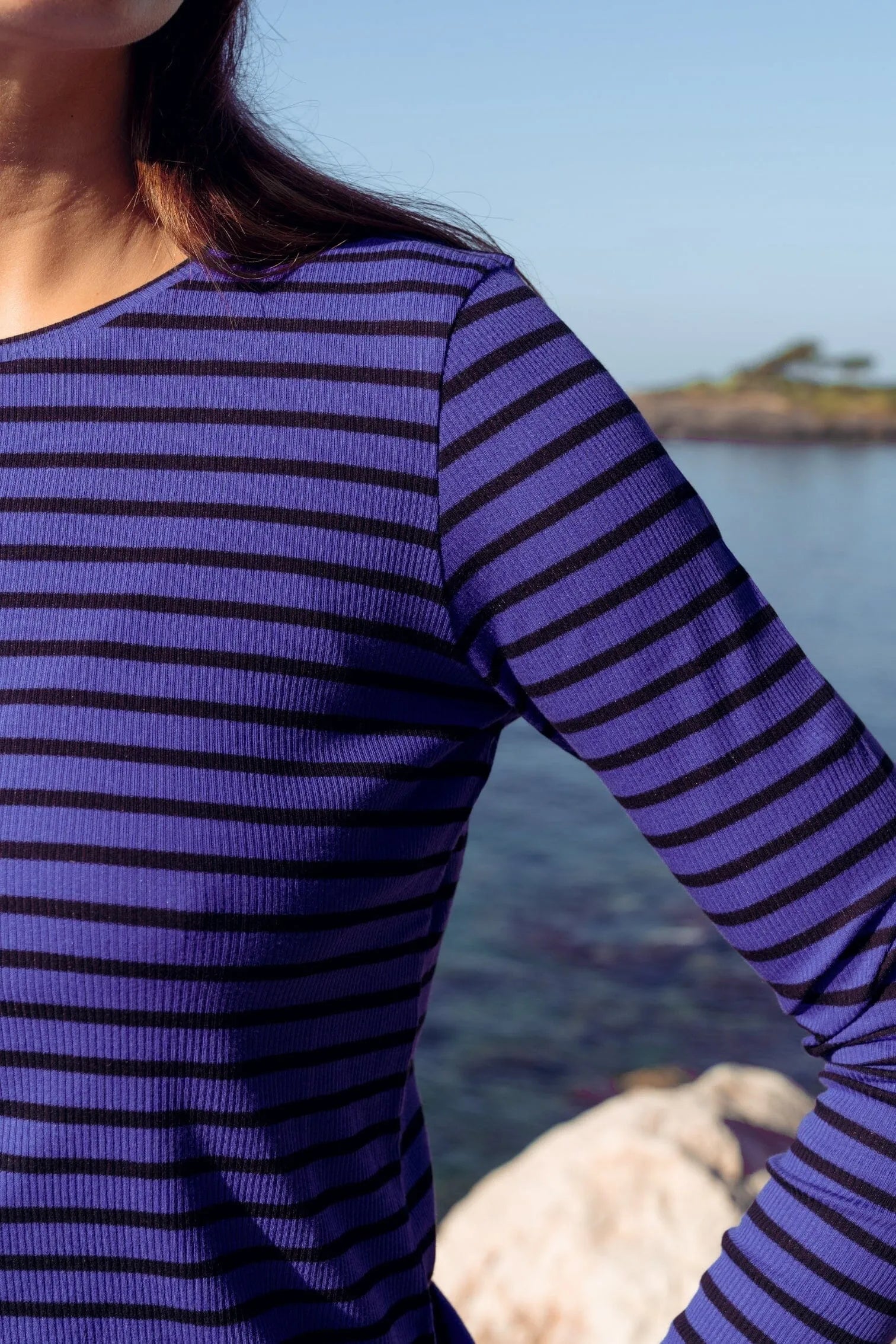Women’s blue and black Breton striped long sleeve T-shirt by Lavender Hill Clothing