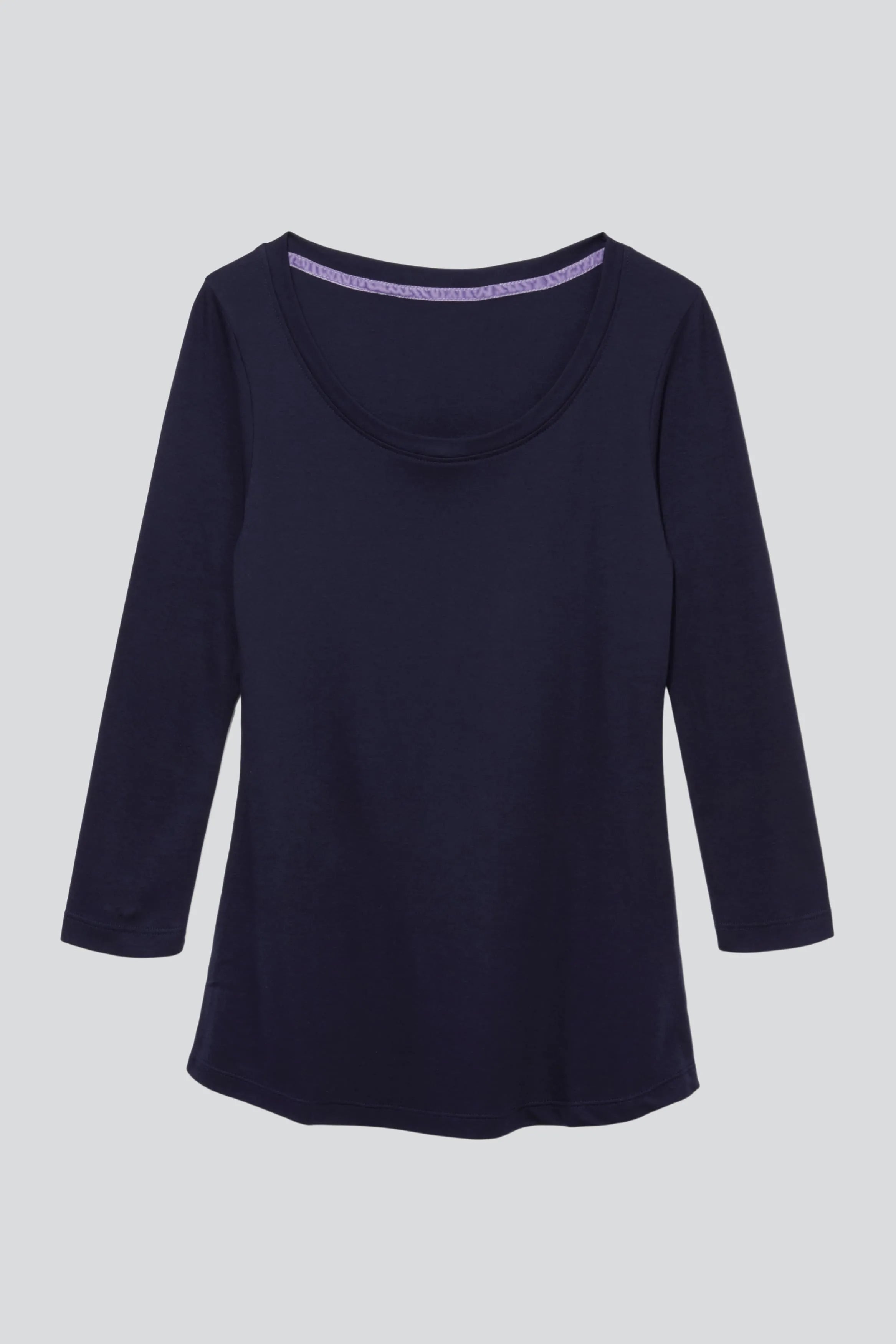 Women’s navy cotton modal 3/4 sleeve scoop neck T-shirt by Lavender Hill Clothing