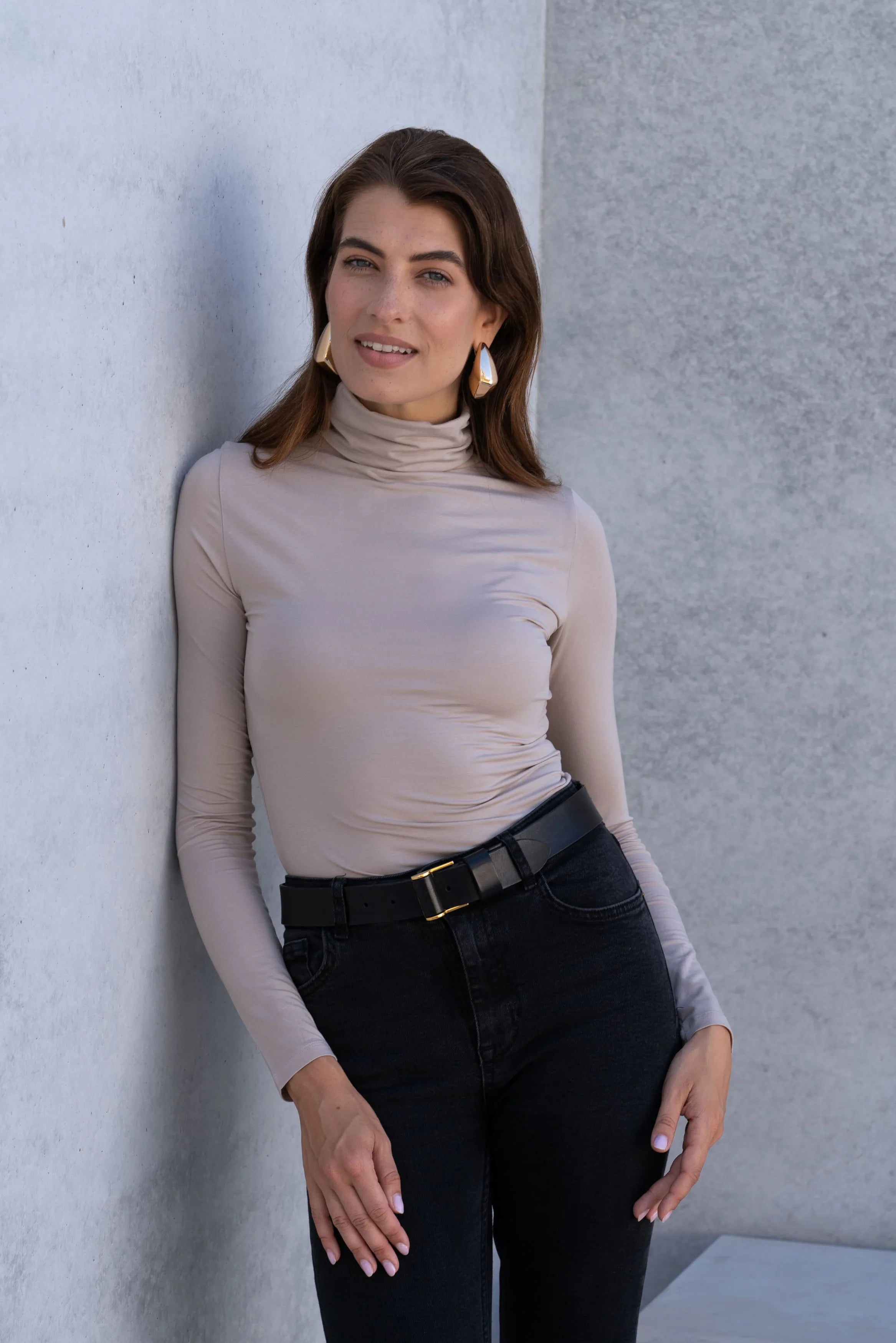 Women’s taupe soft micro modal roll neck top styled for layering by Lavender Hill Clothing