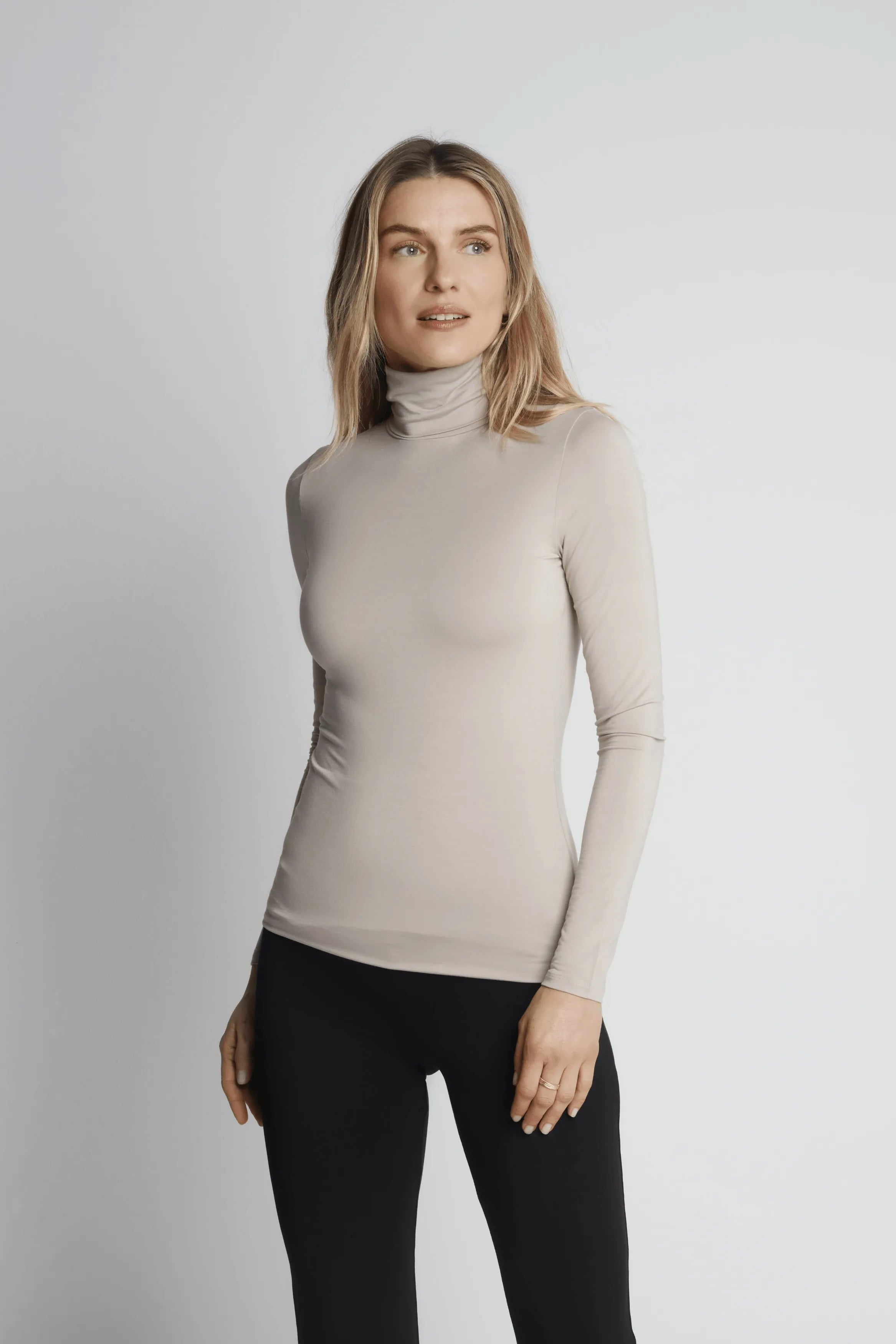 Women’s lightweight taupe micro modal roll neck layering top by Lavender Hill Clothing