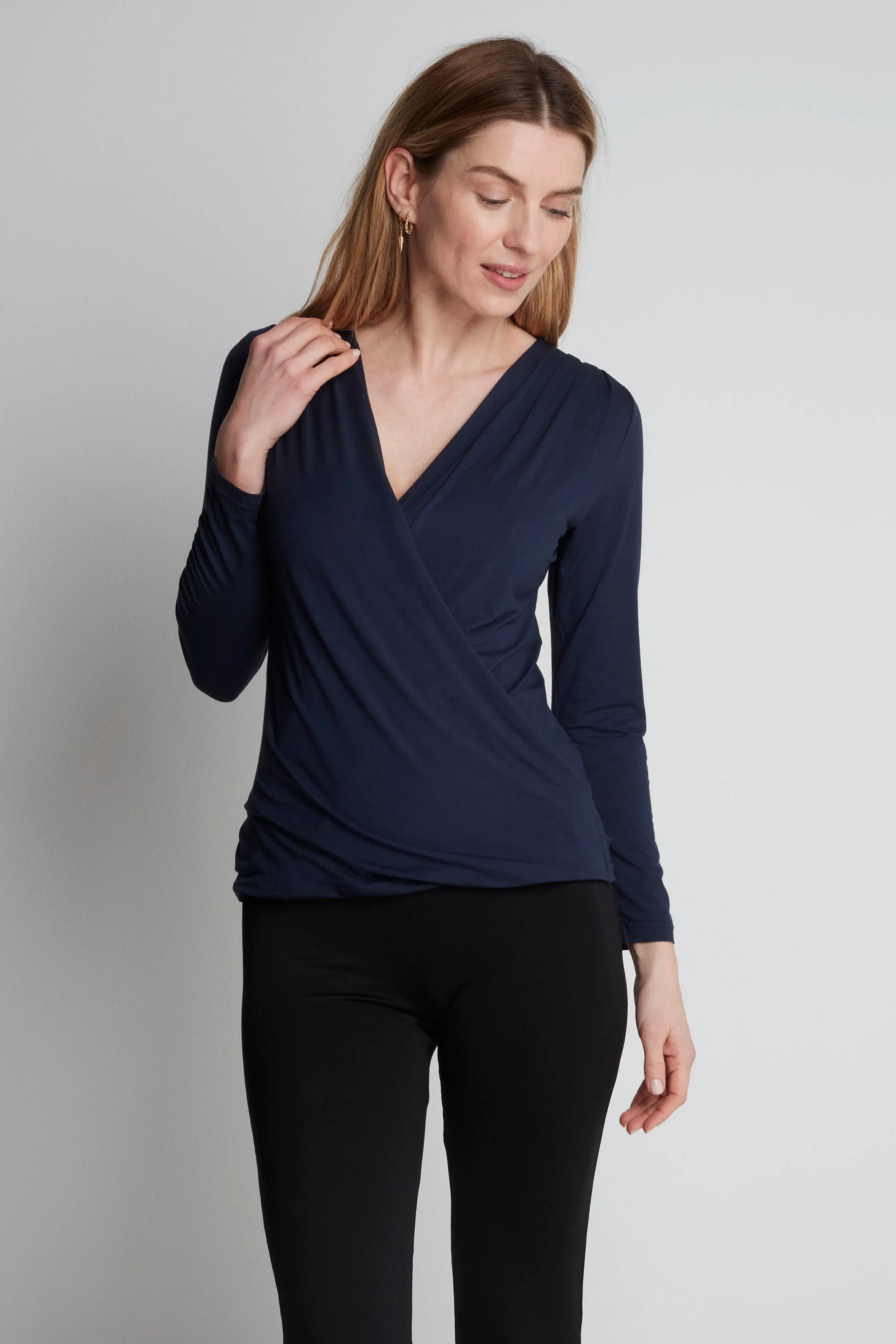 Women’s navy cotton modal wrap top by Lavender Hill Clothing