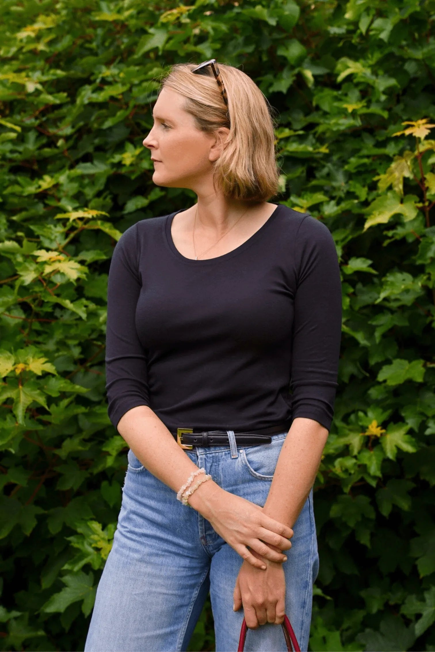Women’s black cotton modal 3/4 sleeve scoop neck T-shirt by Lavender Hill Clothing